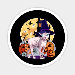 Sphynx Cat Funny Halloween Witch Pumpkin Magnet